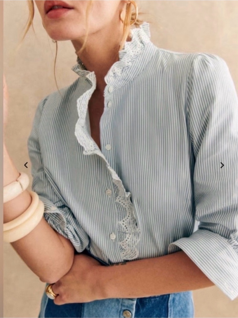 Sézane Chlo Ruffle Collar Embroidered Striped Blouse Ecru Blue FR 36 US 4